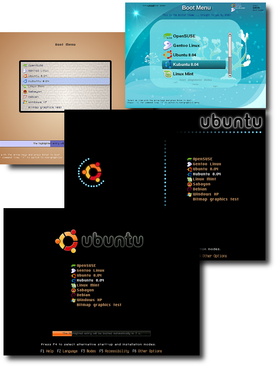 GRUB 2 graphical menu theme collage